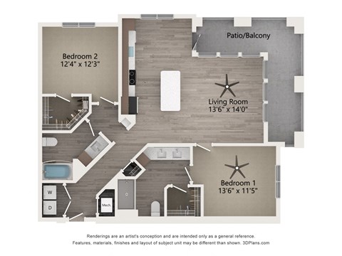 Floor plan for 2 beds, 2 baths, 1164 sqft